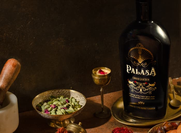 Palāsā cream liqueur, a new Indian-inspired premium liqueur launched in Delhi at ₹3,500 for a 700 ml bottle.